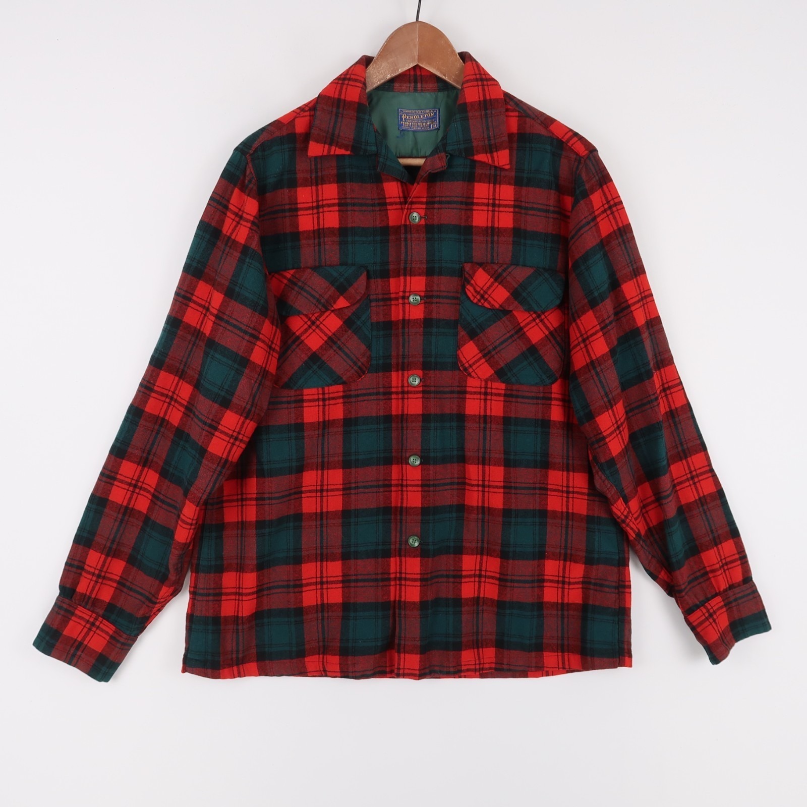 Vintage Pendleton Board Shirt Mens M Red Plaid Virgin Wool Loop Collar 60s